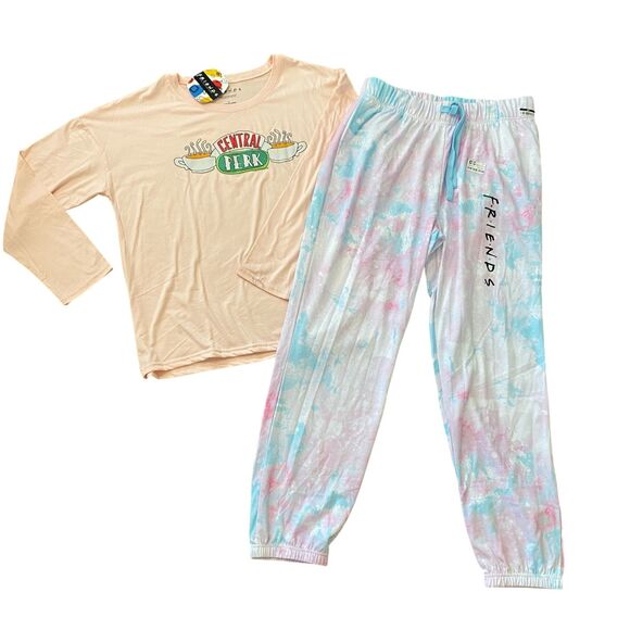 FRIENDS TV Show P.Jammy Whimsey 2-pc PJ Set Pink Tie Dye Fleece Spandex NWT Lg - Picture 1 of 16